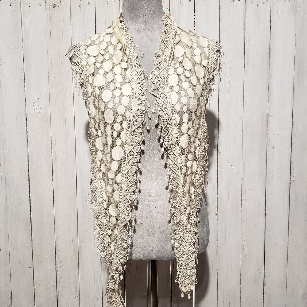 Women's Scarf Cream Beige Fringe Sheer Mesh Lace Cottage Boho Coastal Coquette - Picture 2 of 7